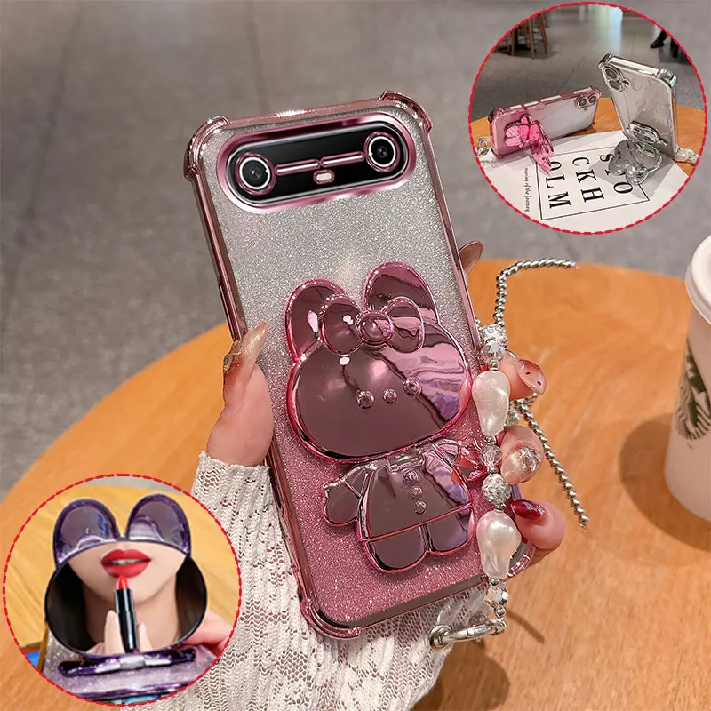 Modische, süße 3D-Hasen-Spiegel-Handyhülle für Tecno Spark Slim PovaSlim, Glitzer-Anti-Sturz-Hülle mit Perlenkette, Girly-Stil
