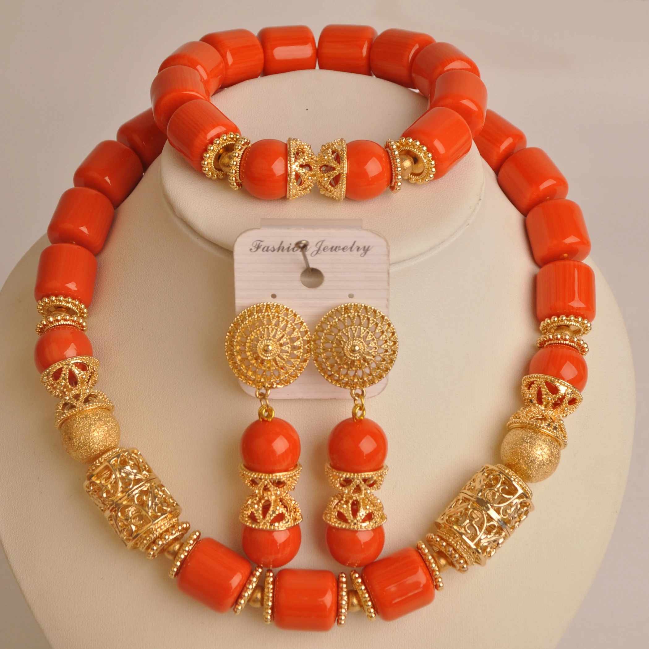 New African Bridal Wedding Imitation Coral Orange Coral Necklace Beads Nigeria Newlyweds Male Wedding Jewelry Set XIN-09