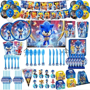 Cartoon Sonics Forniture per feste Piatti usa e getta Tovaglia Torta Topper Banner per bambini Ragazzi Decorazioni per feste di compleanno Baby Shower