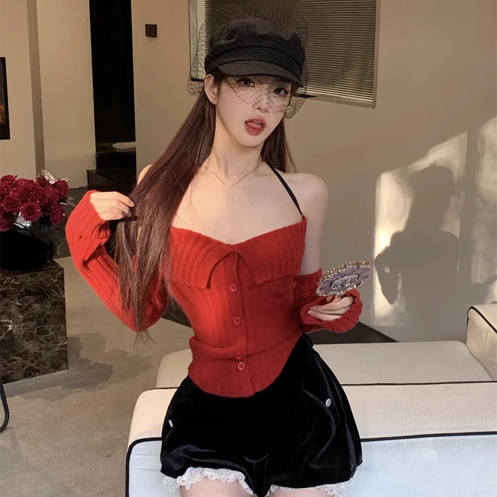 2025 herbst Winter Neue frauen Sexy Halter Off Schulter Lange Ärmel Stricken Top Schlank Abgeschnitten Weiß Pullover