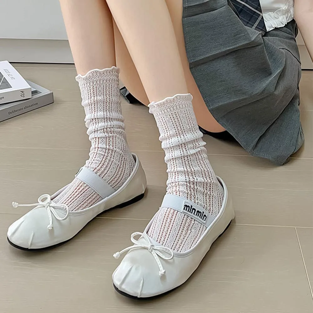 Summer Thin Women's Socks Ladies JK Cute Tassel Pleated Socks Women's Hollow Out Mesh Breathable Lace Loose Stockings