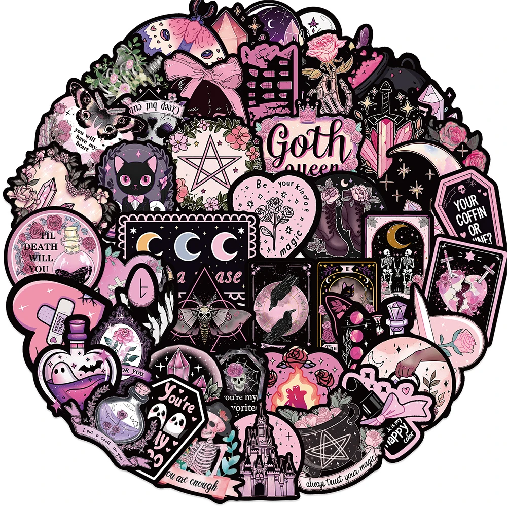 

10/30/50pcs Black and Pink Gothic Magic Witch Stickers DIY Laptop Fridge Skateboard Phone Vintage Skull Graffiti Decal Wholesale