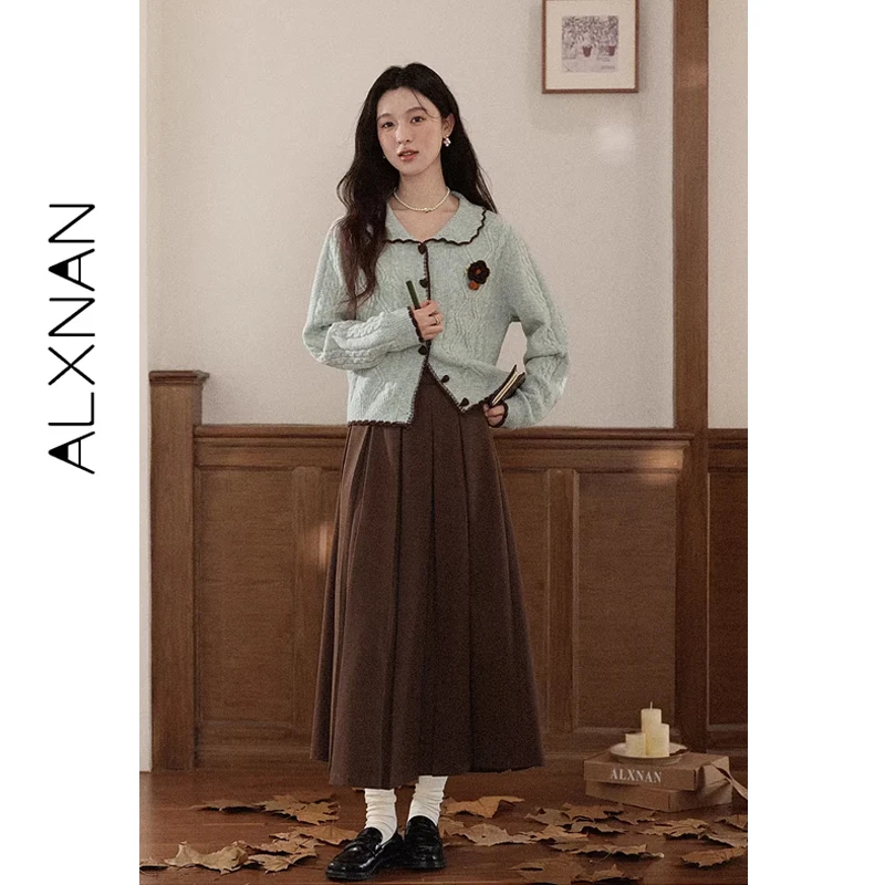 ALXNAN Coffee Pleated Long Skirt Women 2026 Fall Elegant Vintage High Waist Casual Office Lady Skirts Fashion Clothing QYM002371