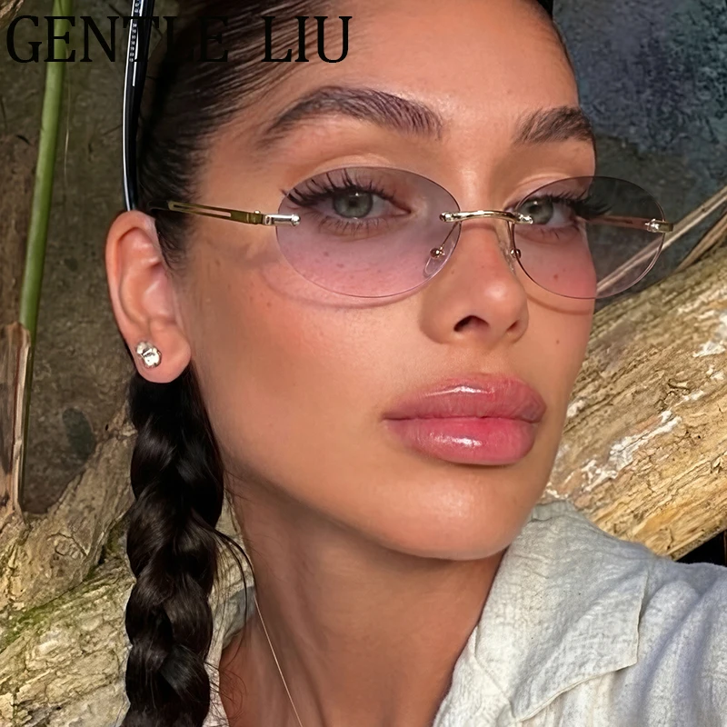 

Sexy 90s Rimless Small Oval Sunglasses Women 2026 Luxury Vintage Y2K Punk Gradient Lens Metal Frame Sun Glasses Shades Eyewear
