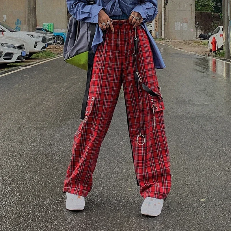 Red Plaid Pants Classic Retro All-match Casual High Street Fashionable Cool Confident Youth Hip-hop Women Autumn Straight Leg