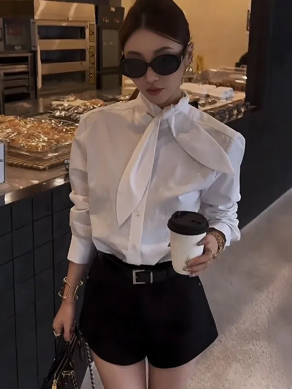 

Белая свободная женская блузка с длинным рукавом и узлом, универсальный дизайн, эффект стройности, для повседневной носки весной