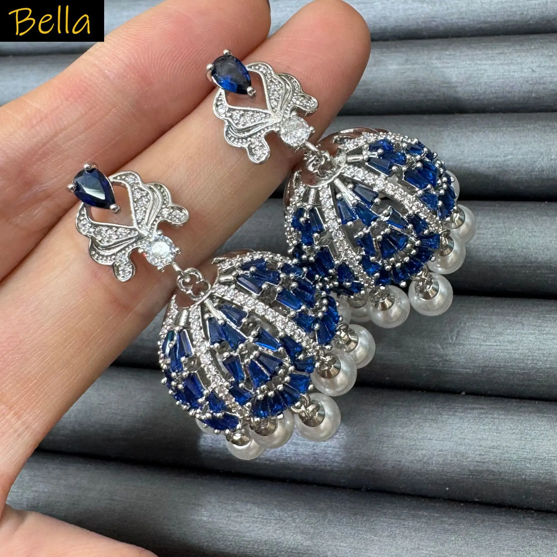 

Pink Blue Cubic Zirconia Earrings with Pearl Tassel Silver Plated Bell Drop Earrings for Women Ethnic Wedding Party Jewelry