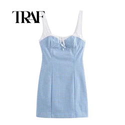 TRAF Women Fashion Summer Sexy Side Zipper Color Matching Plaid Sling Backless Dress Chic Female French Elegant Evening Mujer