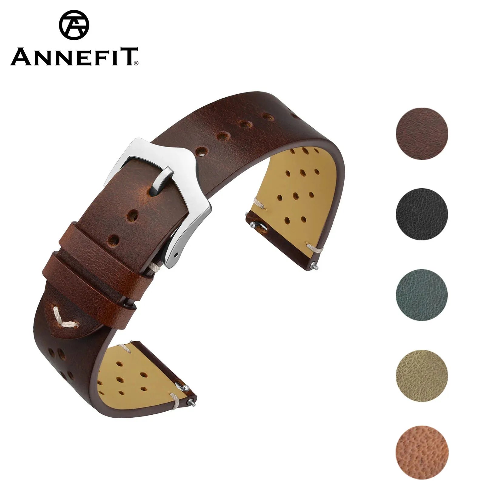 ANNEFIT Vintage Leather Watch Strap, Quick Release Replacement Band for Men and Women, Choice of Width 18mm 19mm 20mm 22mm