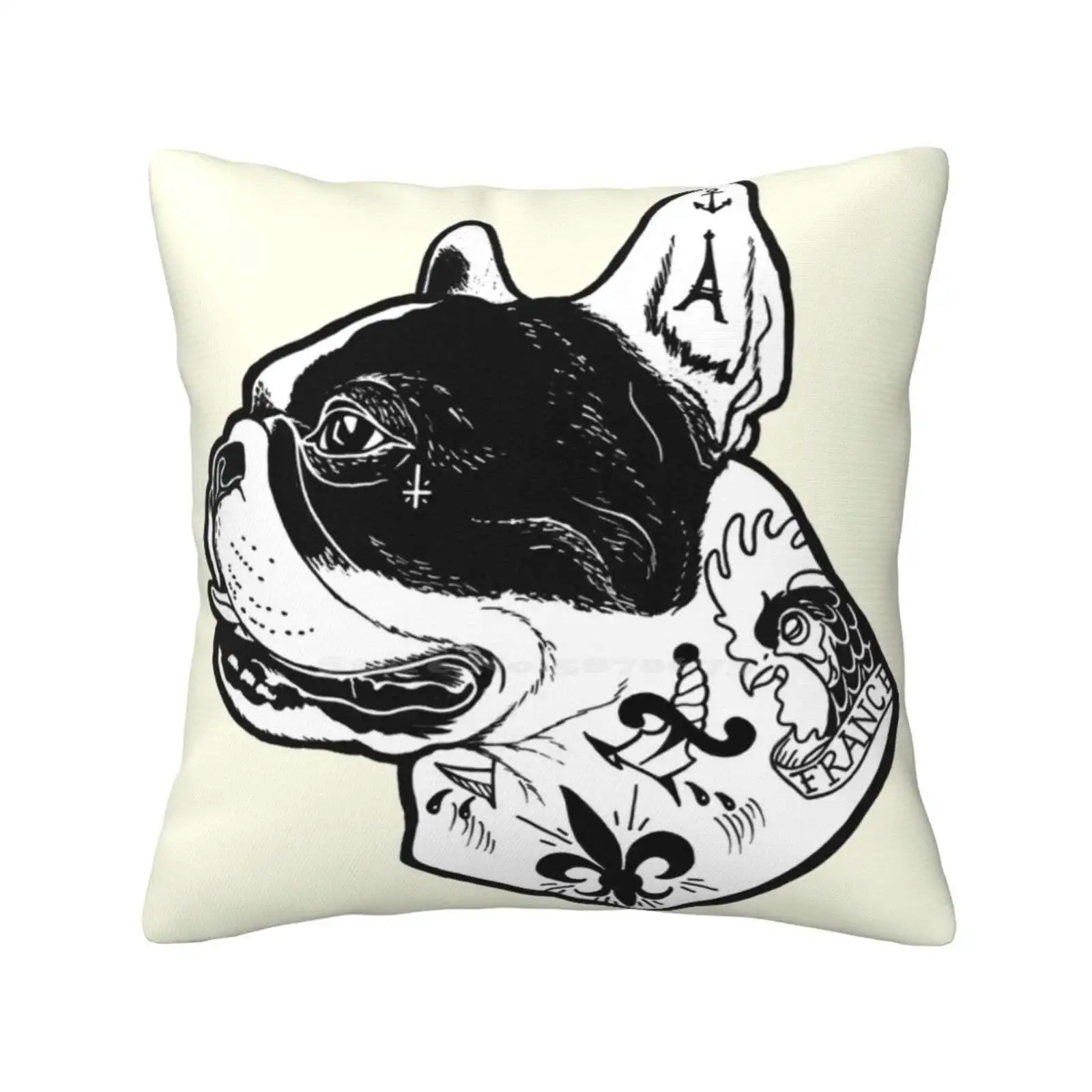 Tattooed French Bulldog Pillowslip Pillowcase French Bulldog Tattoos Black And White Inked Canine Rooster Fleur De Lis Bulldog