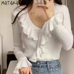 Matakawa Ruffles Women Sweaters Korean Fashion Autumn Winter Sweet Short Cardigans Solid Vintage Slim V Neck Sueter Mujer