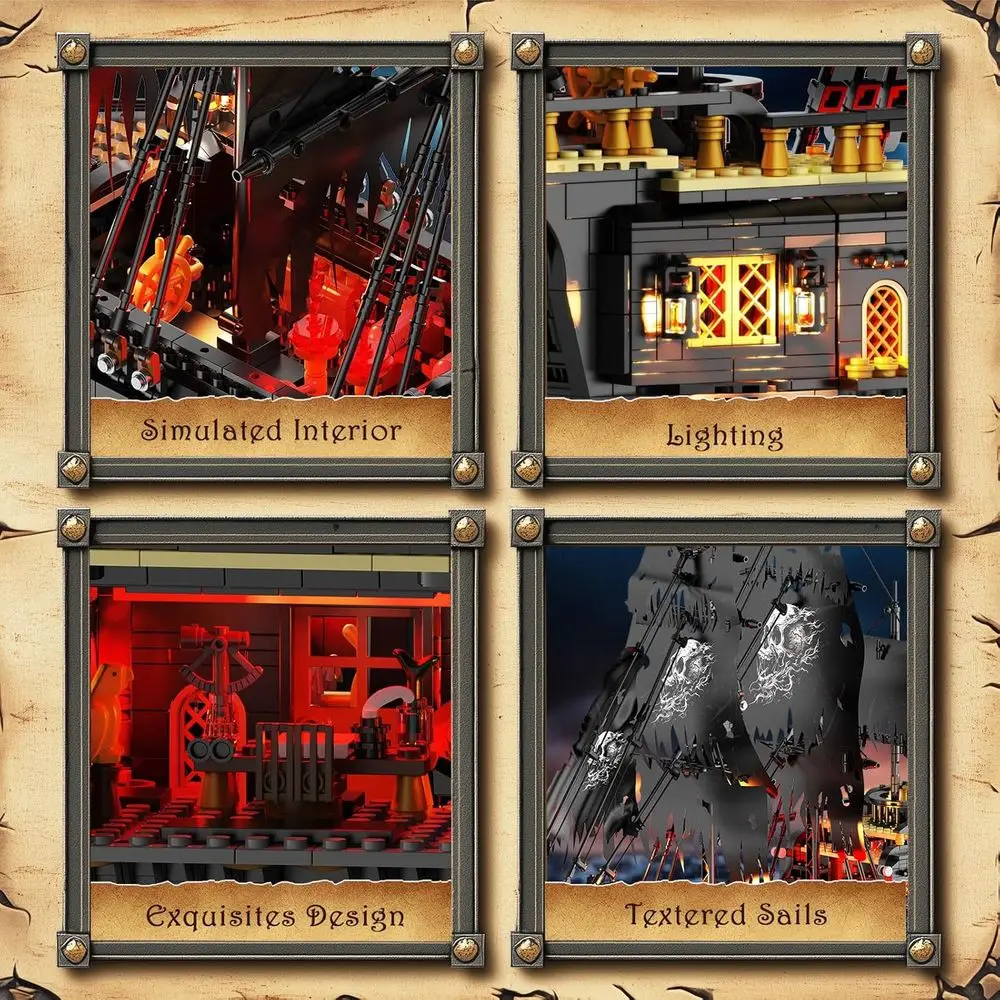 Kit de modelo de navio pirata iluminado 40002: Conjunto de construção adulto de 1713 peças para maiores de 14 anos, ideal para decoração de casa ou escritório