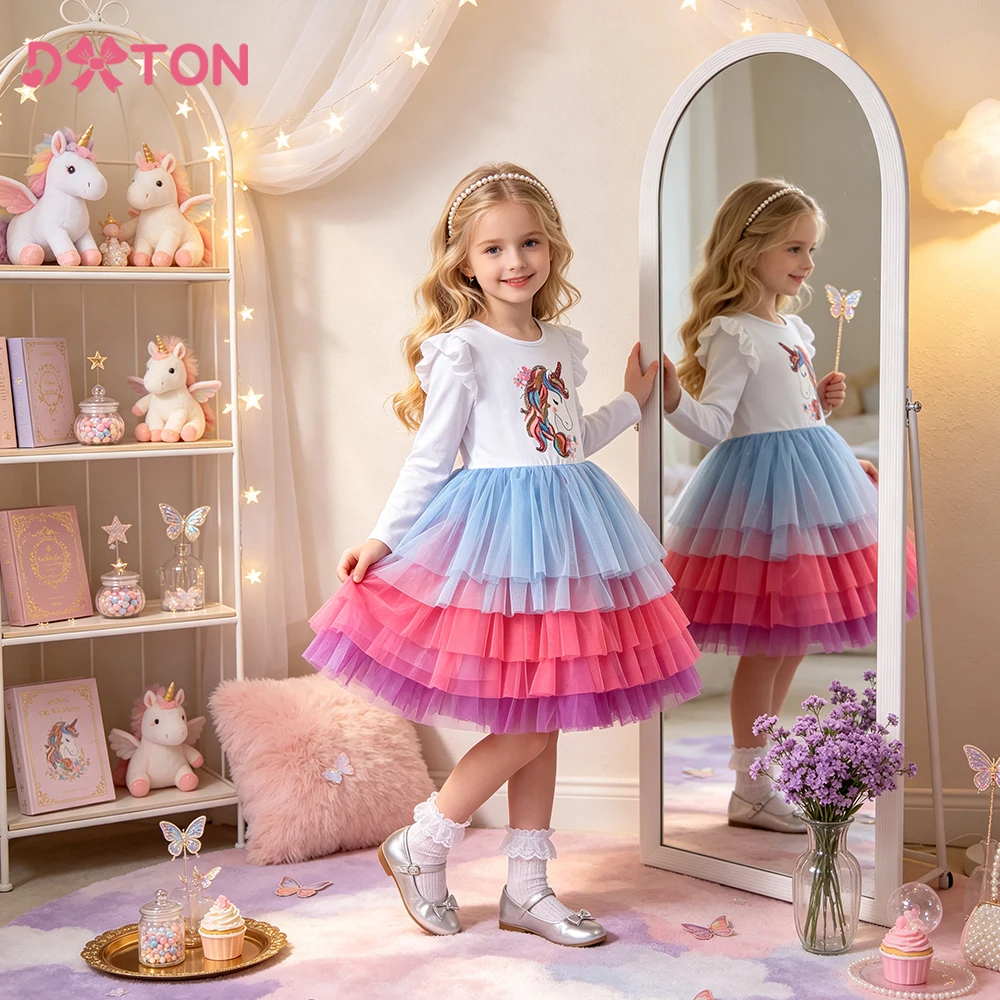 DXTON Toddler Cotton Costumes Sequin Unicorn Girls Mesh Dress Layer Cake Ball Gown Children Princess Dress Kids Birthday Clothes