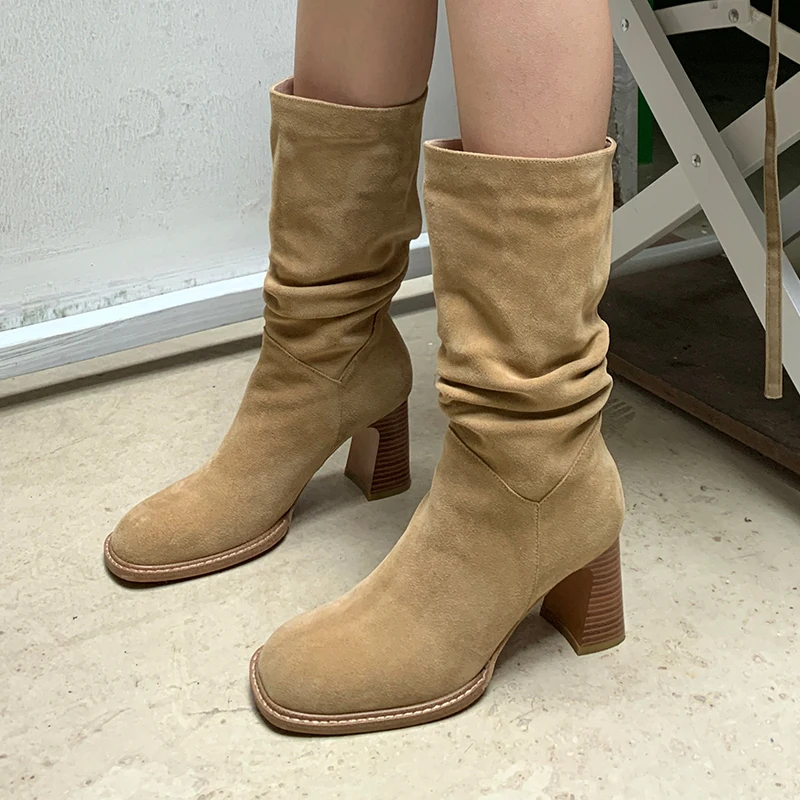 

New Spring Autumn Pleated Design Mid Leg Boots Women Round Toe High-Heeled Simple Retro Knight Boots Versatile Single Boots 2024