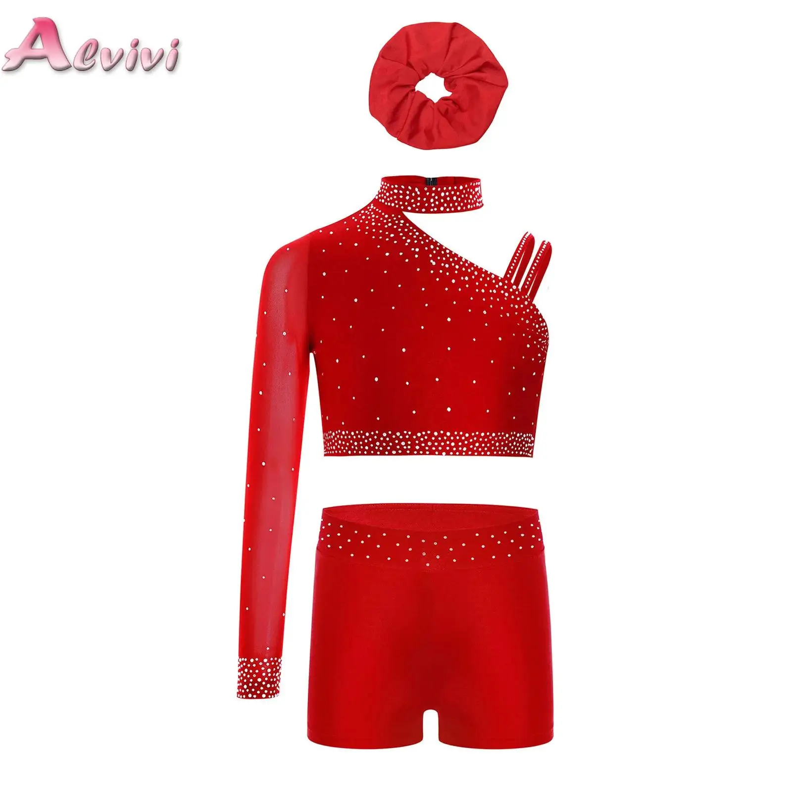 

Kids Girl Dance Set Crop Top+Shorts+Hairband Rhinestones Figure Skating Gymnastics Modern Dance Costume Jazz Hip-hop Dancewear