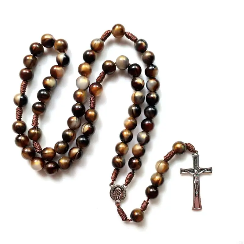 H7BF Vintage Rosary Necklace Catholic Crucifix for Cross Brown Pendant Benedict Y Necklace Unisex Religious Jewelry Gif