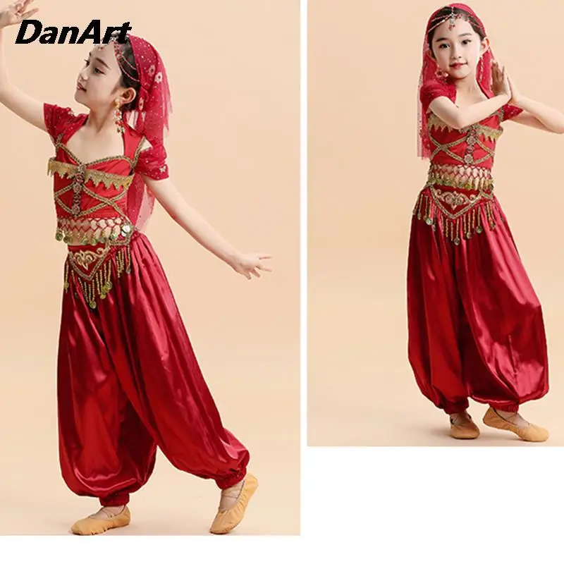 Conjunto de traje de danza del vientre para niña, traje de baile indio, traje de entrenamiento de rendimiento en escenario, Top y pantalones de princesa de Halloween