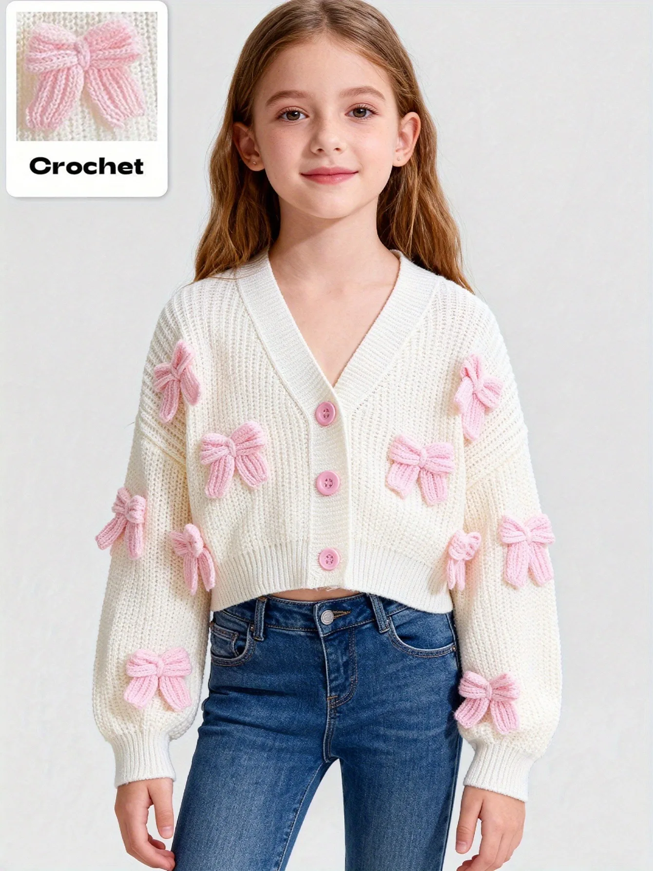 Children Girl Cropped Knit Sweater Cardigan 3D Crochet Pink Bow V‑Neck Button Lantern Sleeve 4‑12Y For Daily Holiday Stylish Out