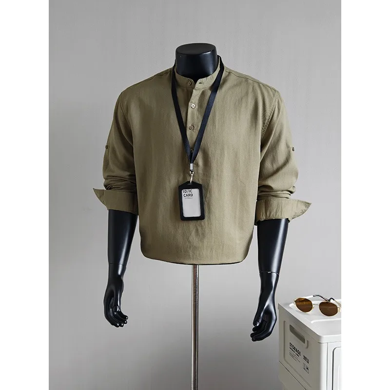 Lyocell Linen Stand Up Collar Pullover Shirt Men Long Sleeve Casual Social Shirts Solid Color Versatile Streetwear Men Clothing