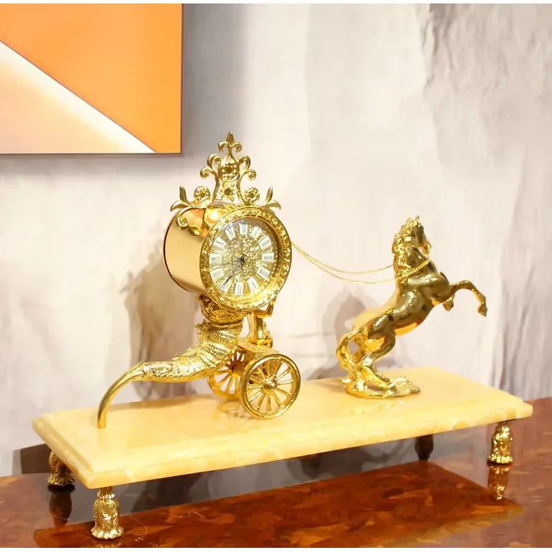 Gold table clock, gold-plated luxury art deco waterproof lightweight square jadeite marble desk with incense burner tray