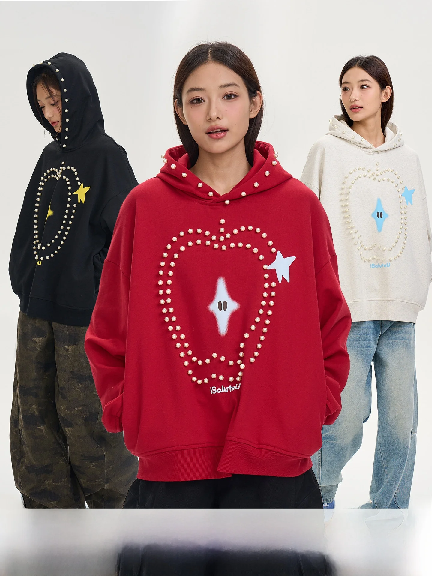 

iSaluteU Fun Pattern Pearl Iron-On Hoodie Sweatirt Casual Loose Fit Mixed Fabric Youth ular Daily Wear Long Sve