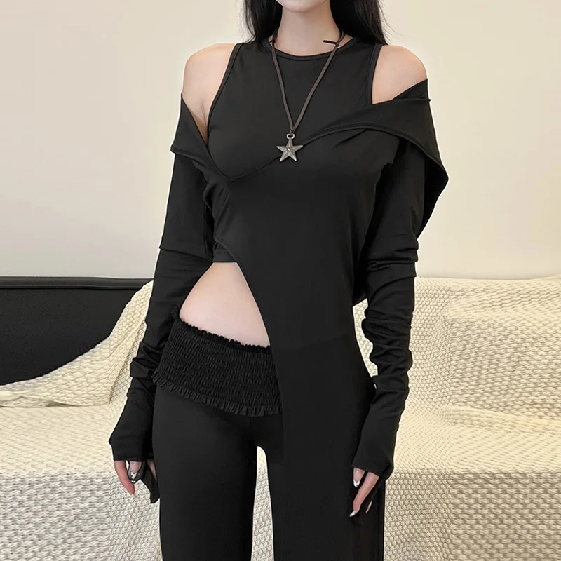 Goth Dark Mall Gothic Solid 2 Pcs Sets Sleeveless Tanks Top and Irregular Hem Hooded Tops Cyber Y2K Women Autumn Streetwear Slim