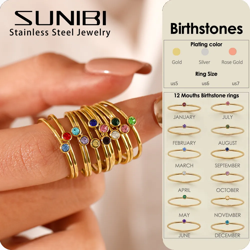 SUNIBI 316L Stainless Steel Birthstone Ring for Woman Gold Color Simple Style Ring Festival Party Fashion Jewelry Dropshipping