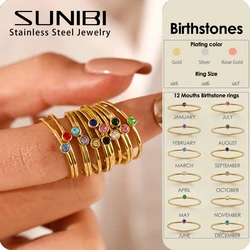 SUNIBI Stainless Steel Birthstone Ring for Woman Gold Color Simple Style Ring Festival Party Fashion Jewelry Dropshipping