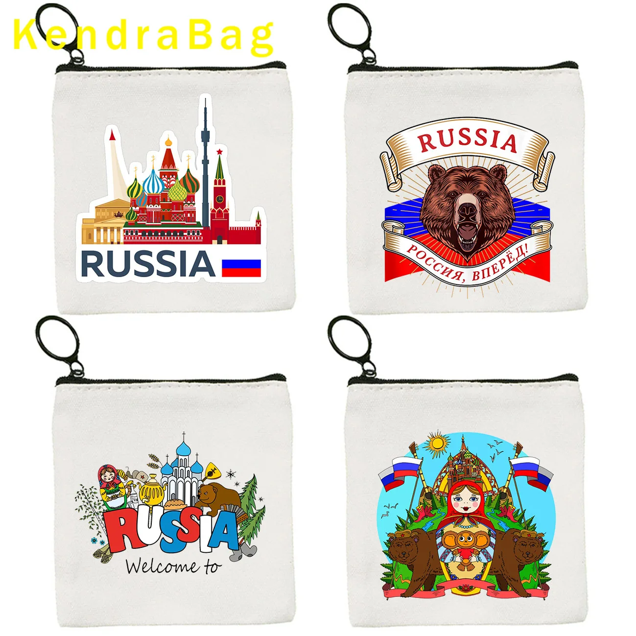 Russian Doll Girl Matryoshka Bear Folk Flower Moscow Kremlin Russia Flag Key Coin Purse Canvas Bag Pouch Bag Wallet Zipper Gifts