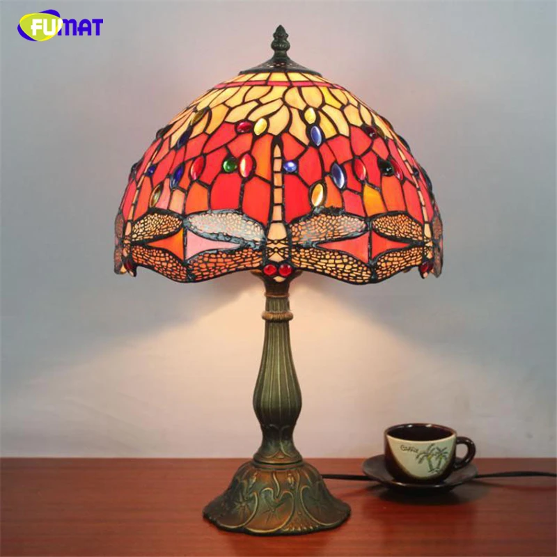 FUMAT 12 Inch Dragonfly Stained Glass Lampshade Light Tiffany Table Lamps Country Style Bedside Lamp Decor Bedside Table Lights