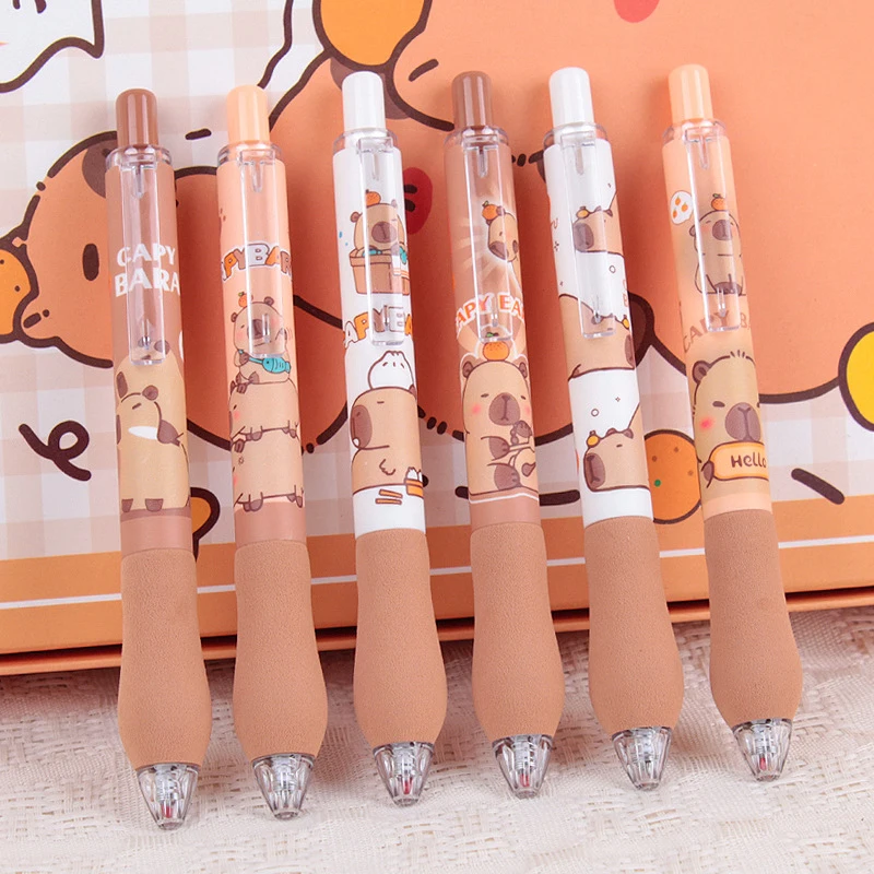 Stylos gel de dessin animé Kawaii Capybara, séchage rapide, écriture lisse, stylos melon al, fournitures scolaires et de bureau, papeterie mignonne pour étudiants, 6 pièces