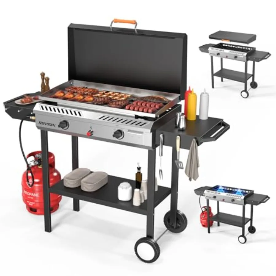 

2-in-1 Propane 30'' Ignition, 2 Burner 150, 000 BTU Gas Grill, Rolling Wheel and Regulator for Home Outdoor Backyard Camping Co