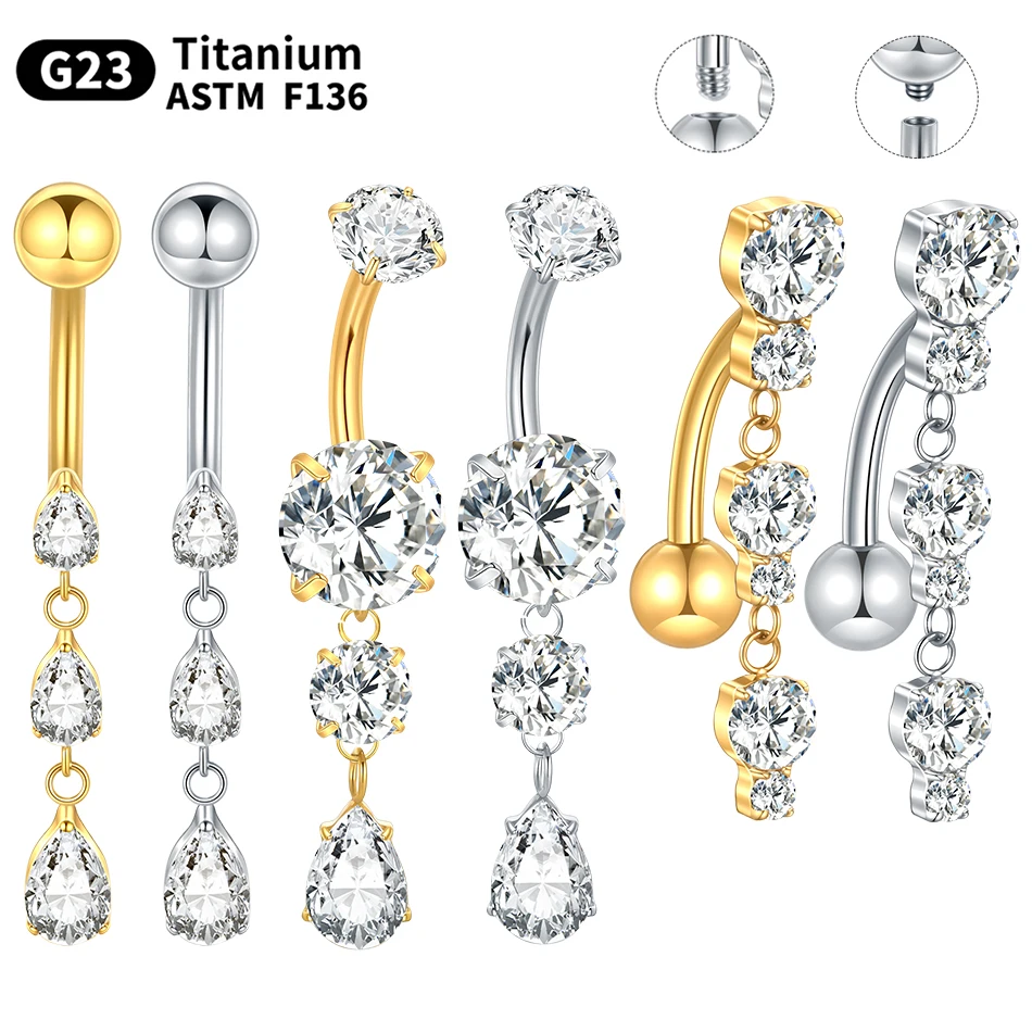 

1/5Pcs ASTM F136 Titanium 14G Dangle CZ Gem Belly Button Ring Cubic Zirconia Drop Pendant Navel Nail Sexy Body Piercing Jewelry