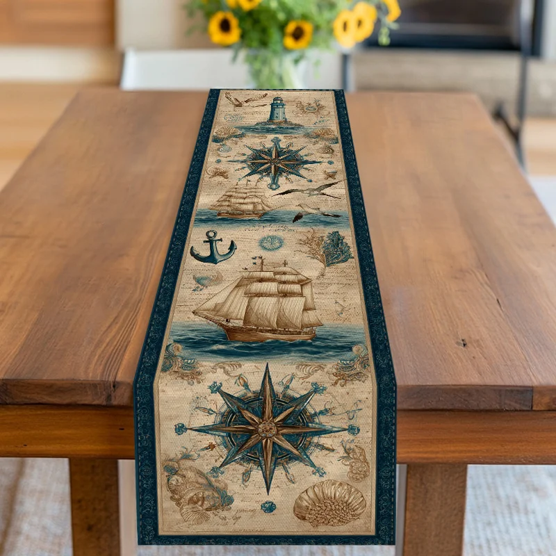 1 Piece of Nautical-Themed Table Runner with Lighthouse, Compass, Ship, and Seagull Designs, Suitable for Farmhouse, Indoor, Kitchen, Celebrations, Table Decoration, Restaurant, and Banquet Decoration Supplies