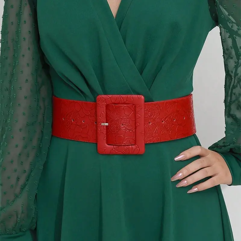 Plus Size Rode Obi Brede Riem Gedrukt PU Taille Cincher voor Jurken Chinese Stijl Mode Sjerp Vrouw Riem Leer