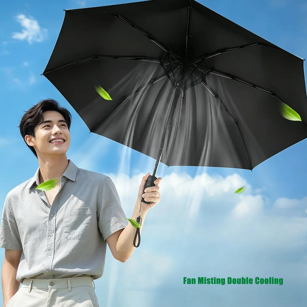 UV Protection Anti Ultraviolet Summer Sun Parasol Large Straight Long Handle Sun Shade With USB Rechargeable Mist Spray Fan