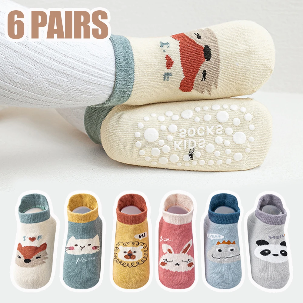 6 pairs of boys and girls' anti slip socks with cute cartoon animal patterns, comfortable and breathable baby floor socks