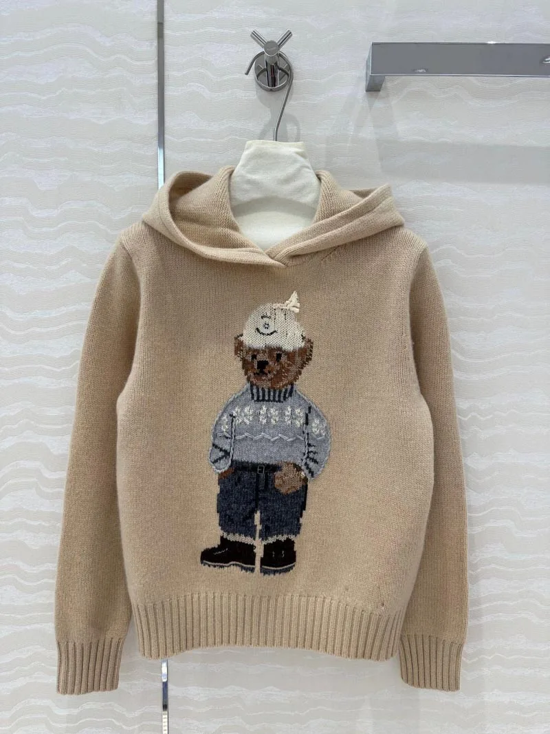 2024 Autumn New Women's Sweater Fashionable and Exquisite Skin friendly Cashmere Wool Knitted Hooded Bear Pattern Sweater