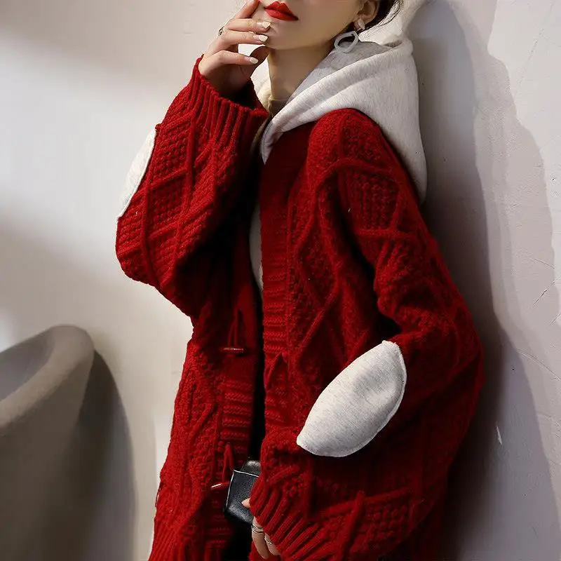 

Retro Hooded Sweater Women's Solid Color Knitted Sweater Loose Casual Cardigan Coat Women's Autumn and Winter New Style V106