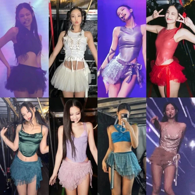 

Kpop Korean Singers 2024 Summer Nightclub Slim Sling Lace Vest Crop Tops + Mesh Lace-up Sexy Fluffy Skirts Women Two piece Sets