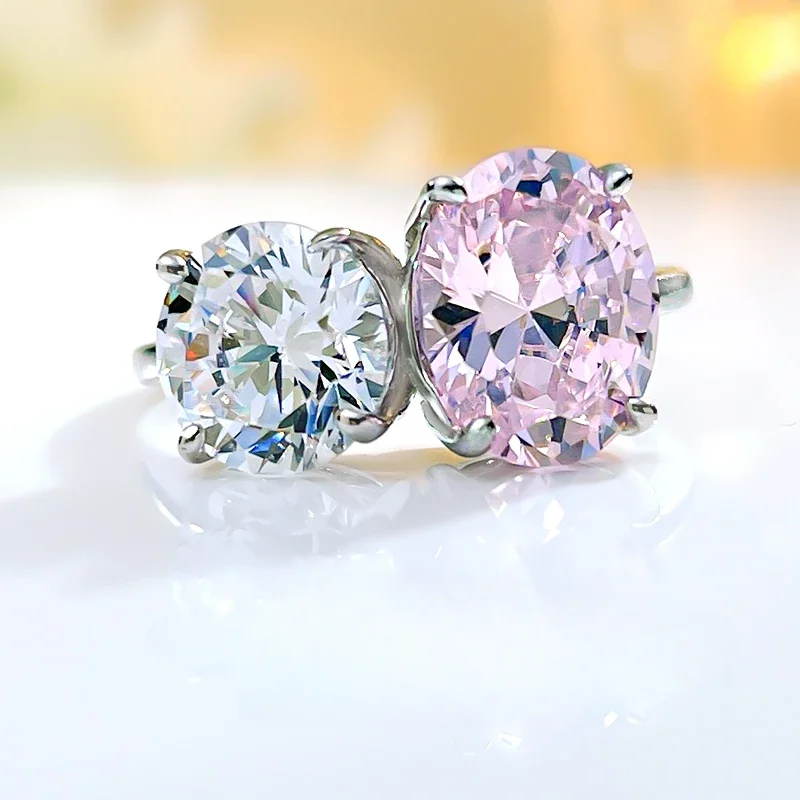 Desire Light Luxury Contrast Pink 925 Sterling Silver Multifunctional Ring High Carbon Diamond Double Stone Style Sweet