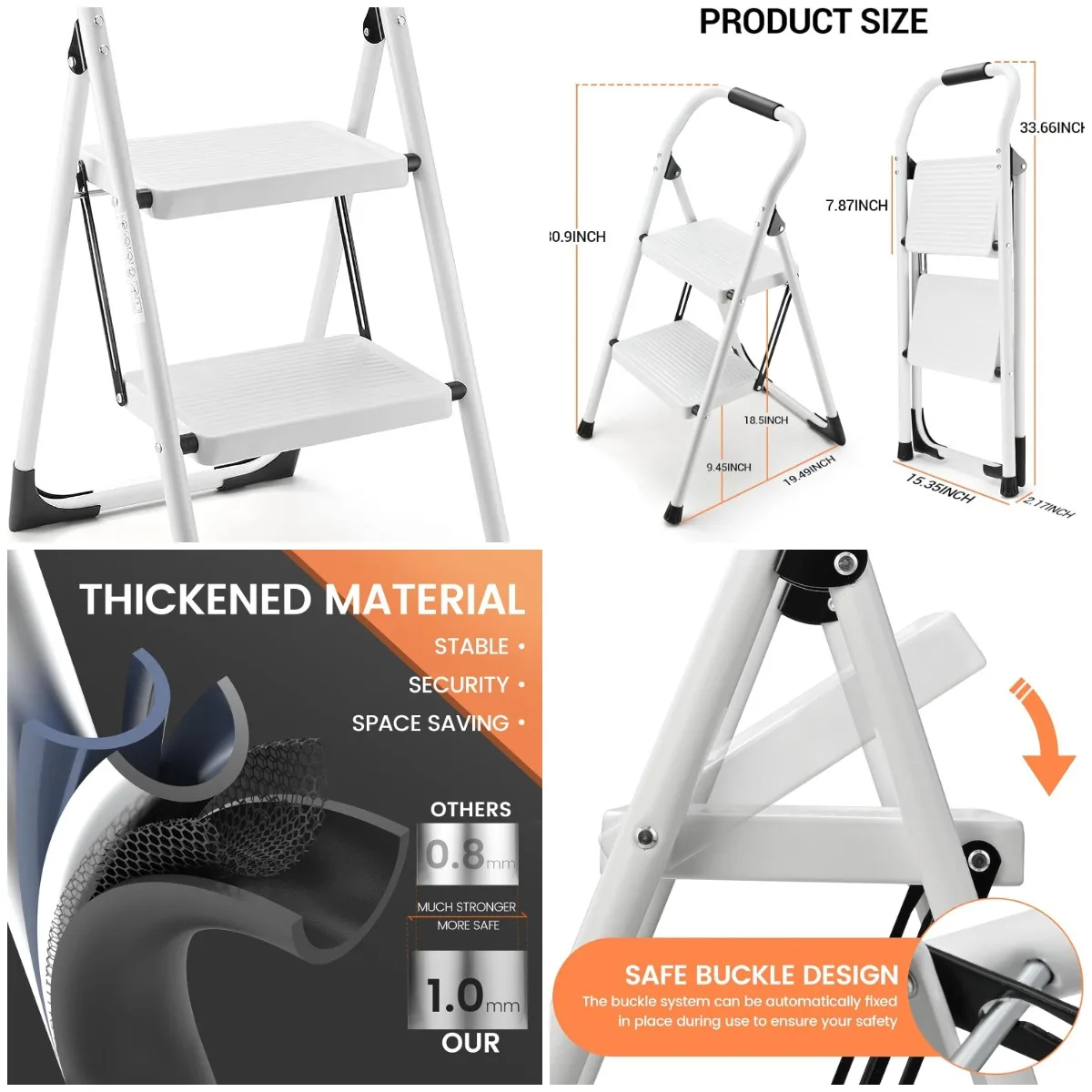 

2 Step Ladder for Adults, Foldable Anti-Slip Stool, 330lbs Capacity, White