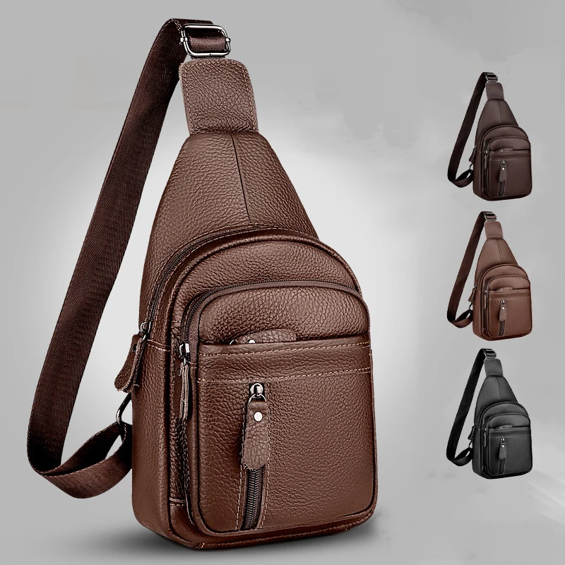 2023 Homens Original de Alta Qualidade Couro De Vaca Triângulo Casual Crossbody Peito Sling Bag Design Viagem Um Saco De Ombro Daypack Masculino