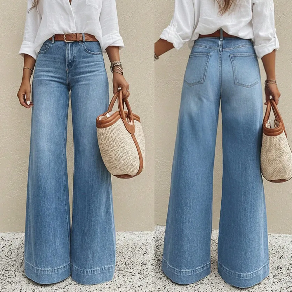 

Women's Baggy Jeans Flared Wide Leg Denim Pants High Waist Washed Denim Jeans Light Wash Straight Cut Jeans Pants Blue For Woman
