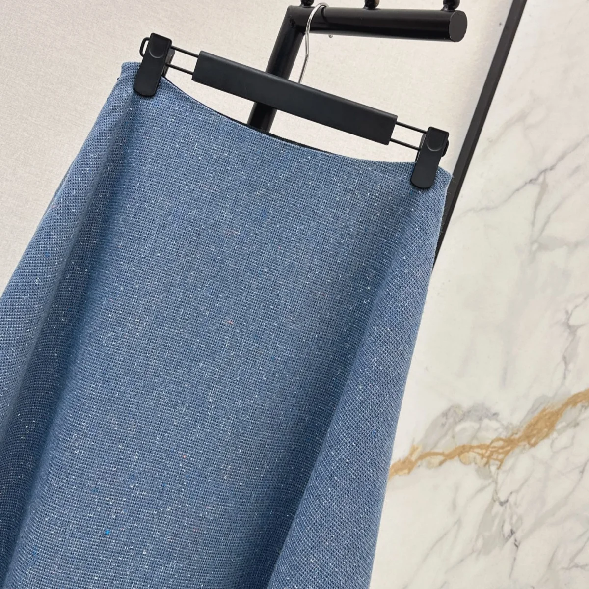 2026 High quality women's blue mixed color tweed A-line mid length skirt--hb810