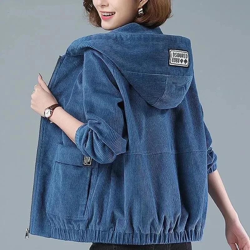 

Corduroy Short Coat 5XL Women's 2024 Spring Autumn New Korean Loose Solid Hooded Jacket Fashion Casual Female Zipper Coat Tops