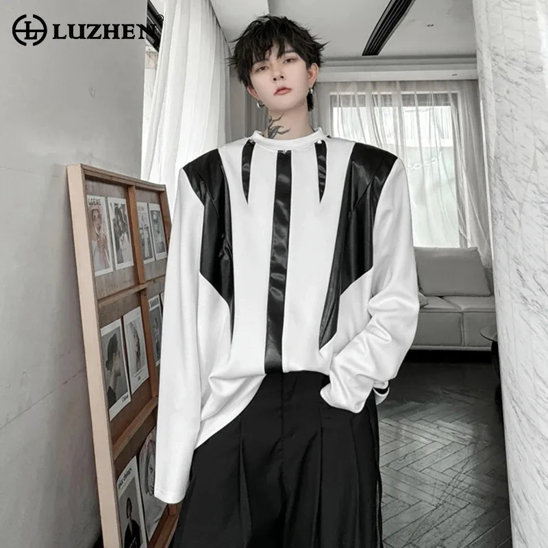 LUZHEN PU Leather Patchwork Design Trendy Long Sleeved T Shirts Autumn Original Casual Trendy Sport Korean Men Sweatshirt LZ5328