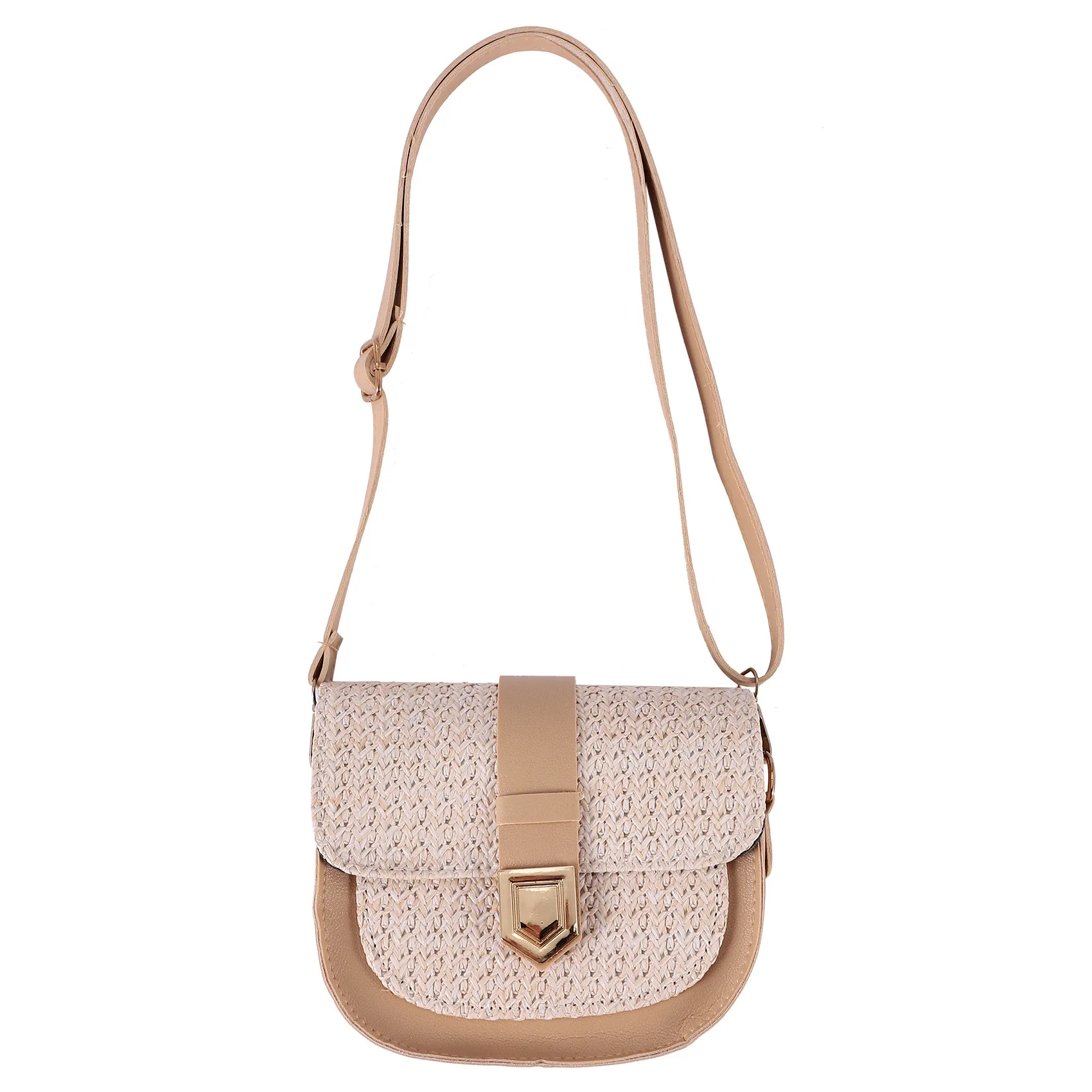 Straw Bag Woven Bag Female Fashion Simple Small Fresh One Shoulder Messenger Bag Western Style Saddle Bag(Khaki)