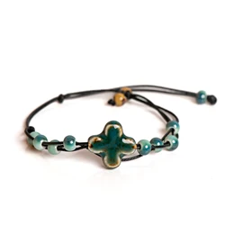 Handcrafted Adjustable Ceramic Floral Charm Bracelet Women Waxed Rope Jewelry Unique Gift Fashion Accessories Boho Style 145