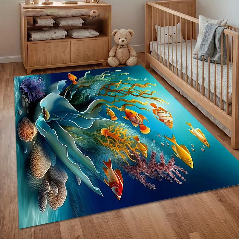 Luminous Underwater Coral Garden Large Area Rug-Vibrant Marine Life Non-Slip Rug for Entryways Kids Rooms & Living Spaces Carpet